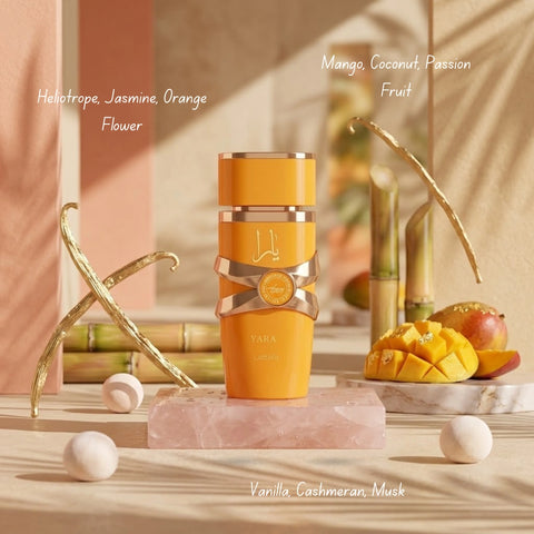 Collection of Mango Burst fragrances including Odyssey Go Mango, Bubbliz Mango Pop, Yara Tous, Mango Musk, and Aura Manga Splash, 100ml.