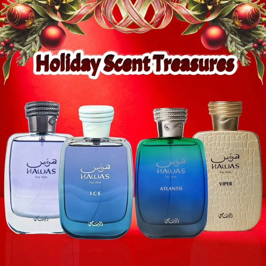 Rasasi Hawas, Hawas Ice, Hawas Viper, and Hawas Atlantis Eau de Parfum sprays in a 100ml bundle, featuring sleek bottles.
