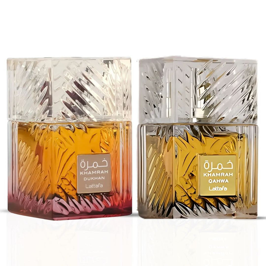 Lattafa Khamrah Qahwa & Dukhan Eau de Parfum Spray bundle, 100ml each, featuring elegant bottles and distinctive fragrance labels.