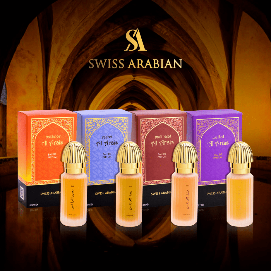 Swiss Arabian Leilat Al Arais EDP 50ml perfume bottle with elegant gold cap and floral design.