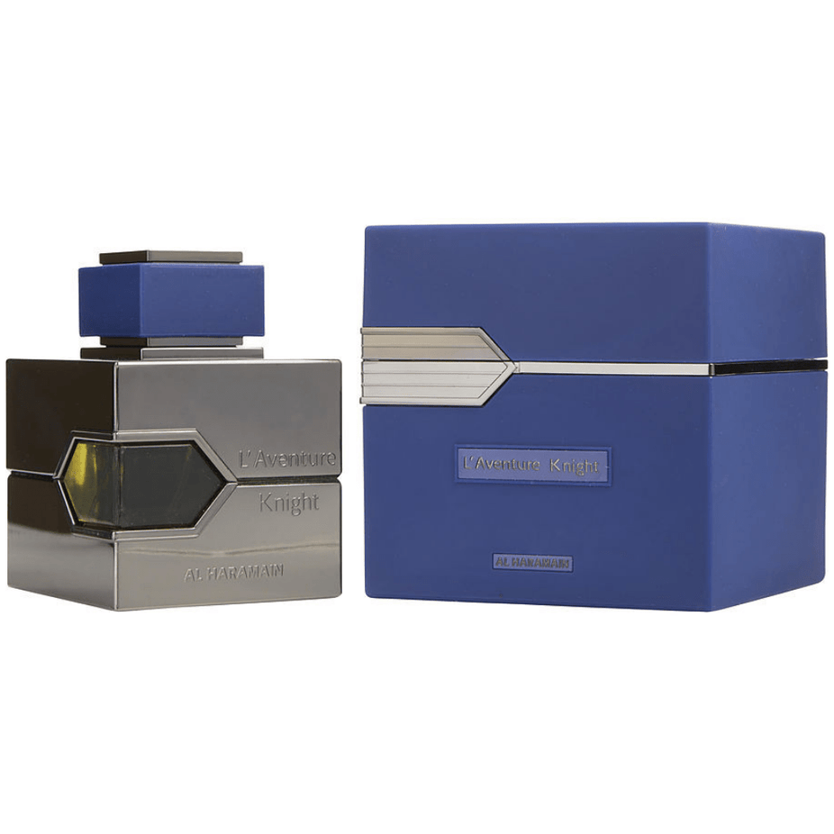 L'Aventure Knight Eau de Parfum spray by Al Haramain, 100ml, featuring sleek bottle design and elegant branding.