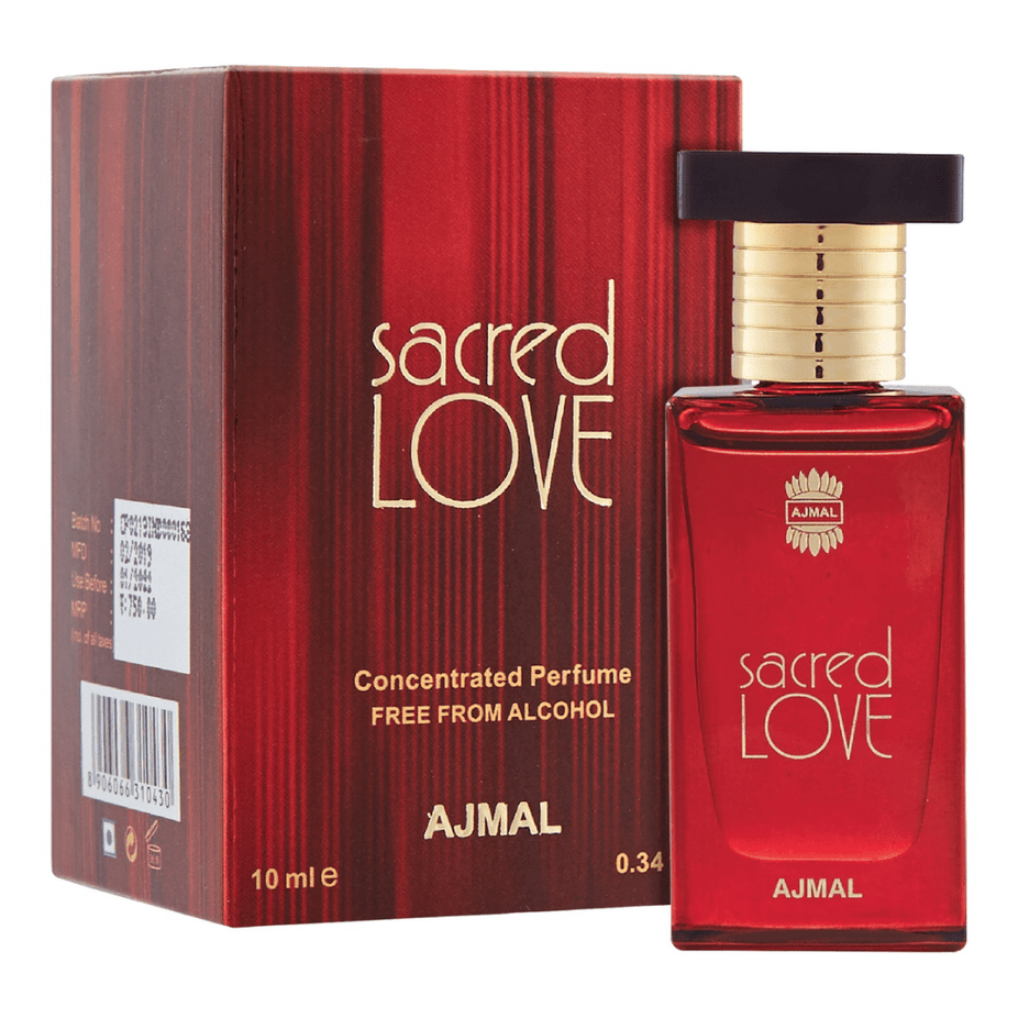 Ajmal Sacred Love for Women perfume oil in a 10ml bottle, showcasing the elegant packaging and dark glass design.
