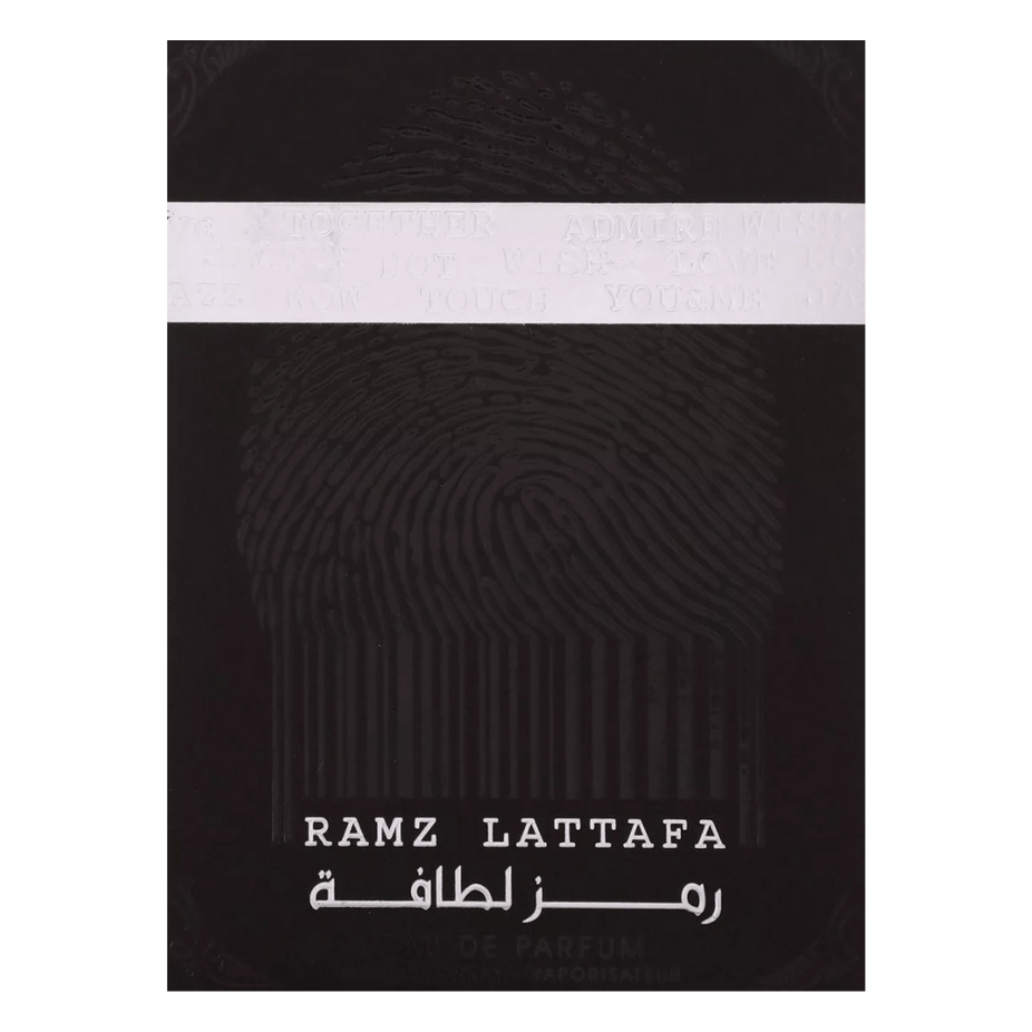 Lattafa Ramz Lattafa Silver Eau de Parfum spray 100ml bottle, sleek design, reflecting the luxurious fragrance inside.