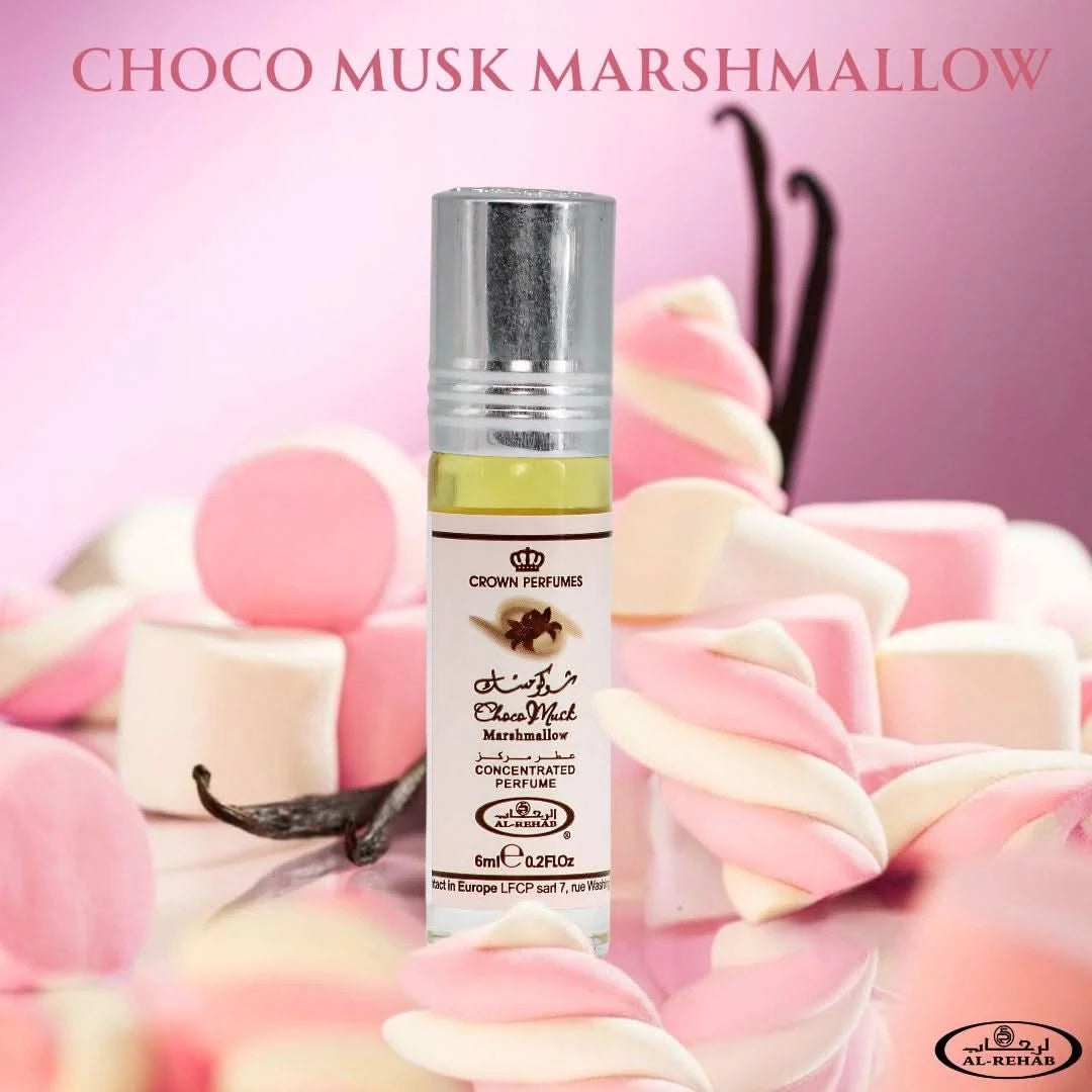 Bundle of three Choco Musk Marshmallow perfume oil bottles by Al Rehab, each 6ml, featuring elegant packaging and decorative labels.
