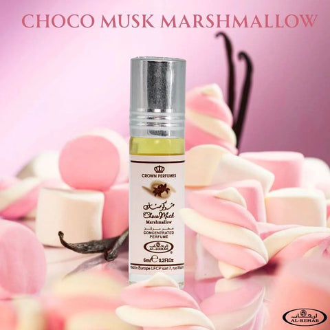 Bundle of three Choco Musk Marshmallow perfume oil bottles by Al Rehab, each 6ml, featuring elegant packaging and decorative labels.