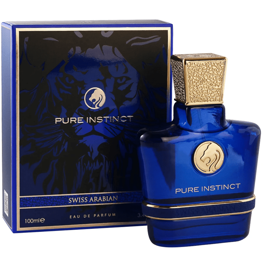 Swiss Arabian Lion 4PC EDP set with Wild Spirit, Royal Mystery, and Pure Instinct Eau De Parfum bottles in 100ml unisex packaging.