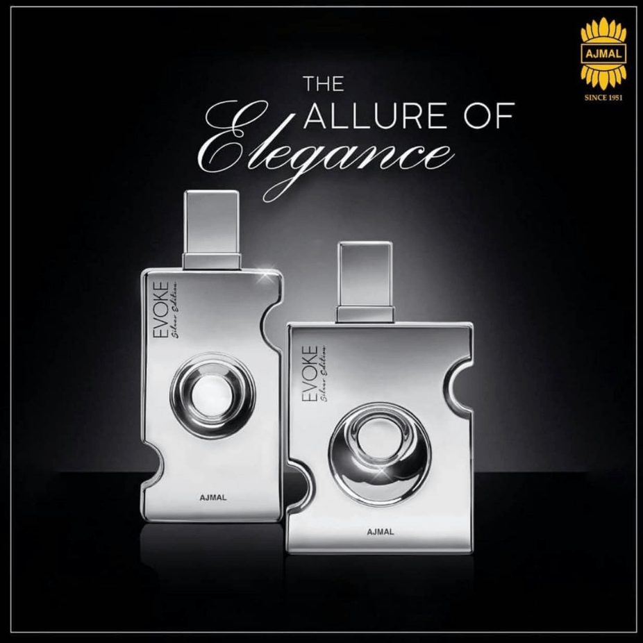 Evoke Silver Edition for Men Ajmal Eau De Parfum 90ML bottle with sleek silver packaging and elegant design.