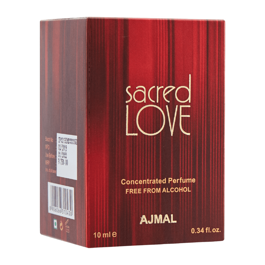 Ajmal Sacred Love for Women Perfume Oil, 10ml, concentrated perfume oil with floral and spicy notes in a sleek glass bottle.
