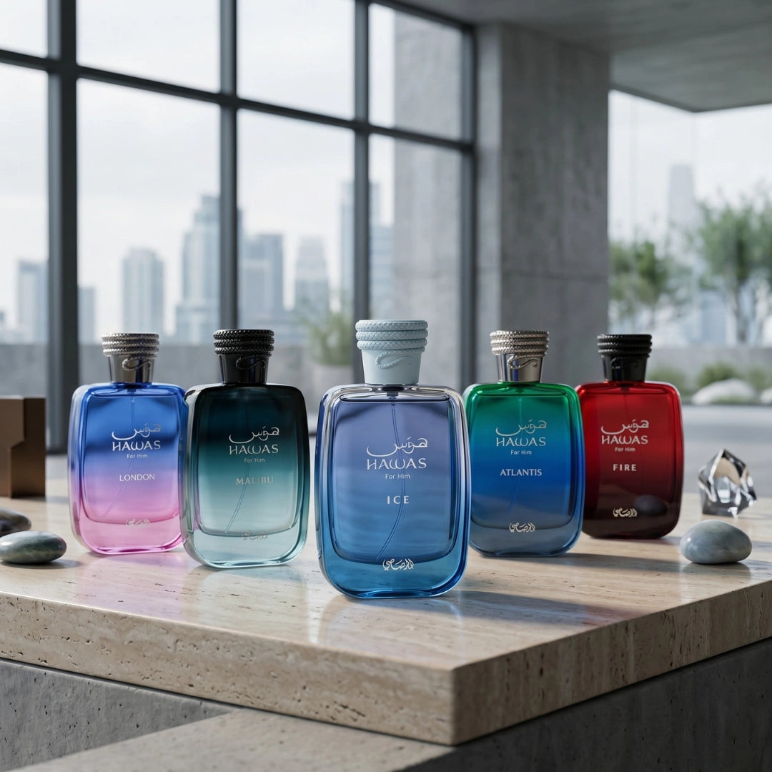 Set of five Rasasi Hawas Collection Eau De Parfum sprays including Hawas Ice, Malibu, Atlantis, Fire, and London in 100ml bottles.