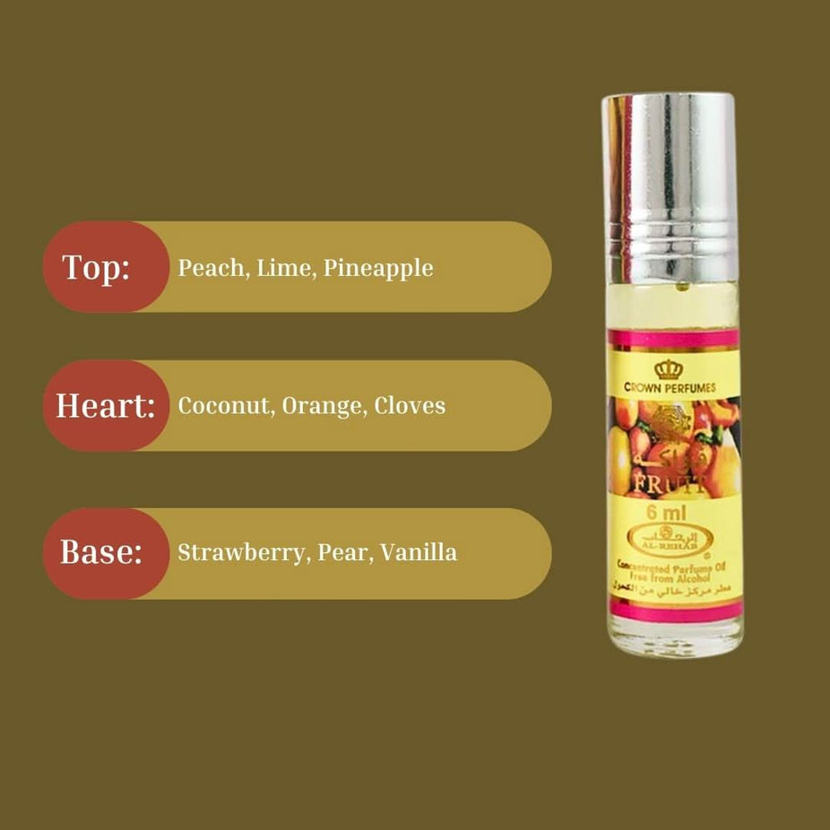 Al Rehab Fruit Perfume Oil CPO 6ml bottle, concentrated fragrance with vibrant fruit scent, small glass container with cap.