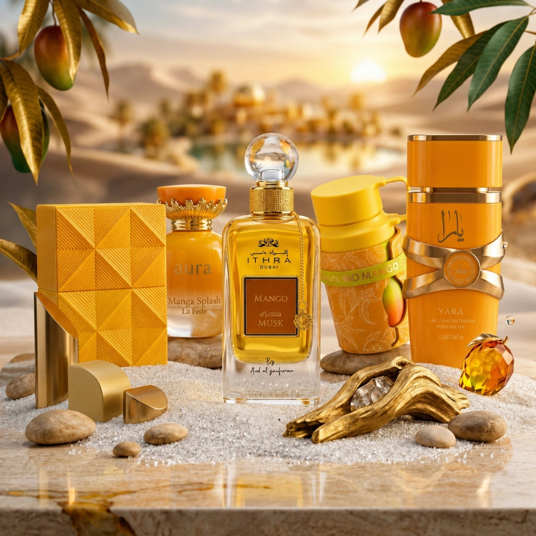 Collection of 12 intense oud and mango fragrance sprays including Odyssey Go Mango, Bubbliz Mango Pop, Yara Tous, Mango Musk, and Aura Manga Splash.