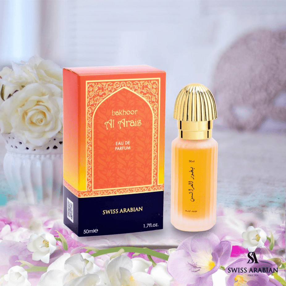 Swiss Arabian Bakhoor Al Arais EDP 50ml perfume bottle with elegant packaging and floral, woody fragrance details.
