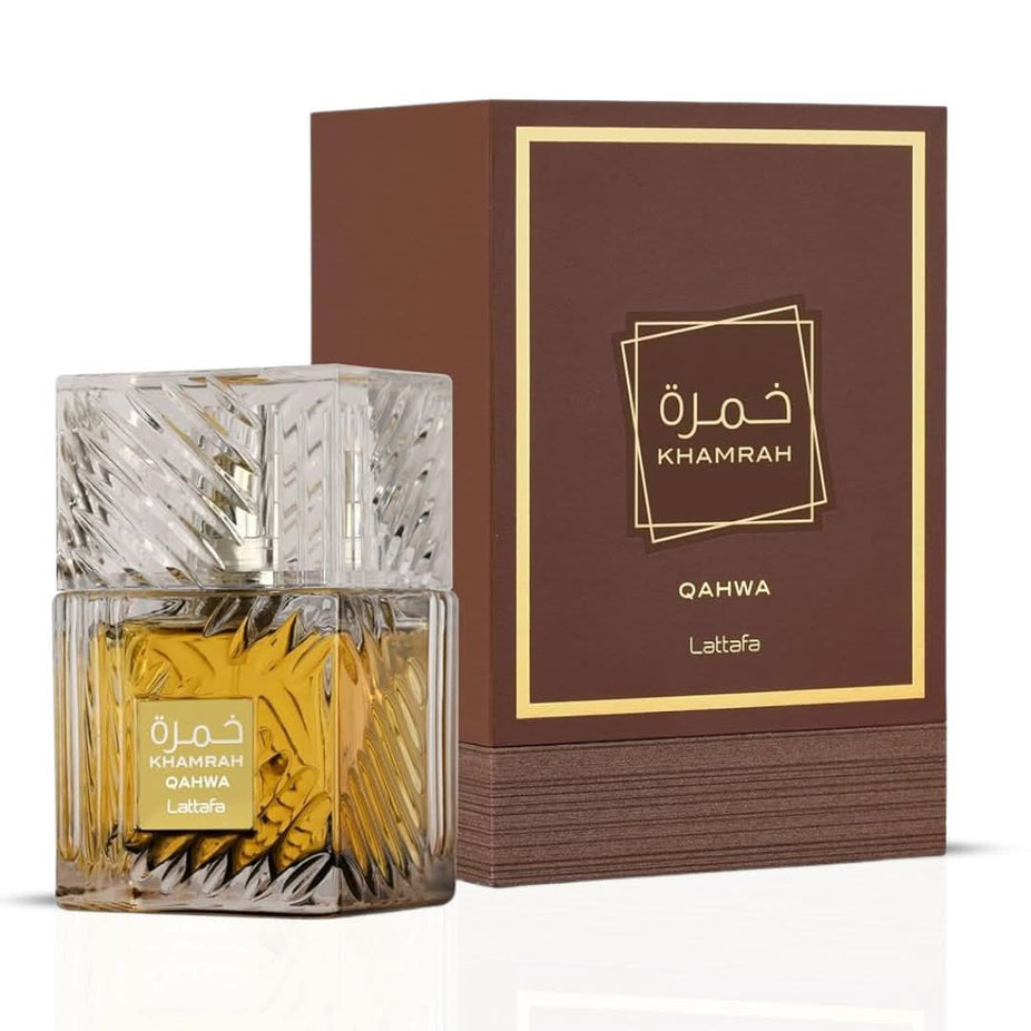 Lattafa Khamrah Qahwa and Dukhan Eau de Parfum spray bundle, 100ml each, featuring elegant bottles and distinctive fragrance design.