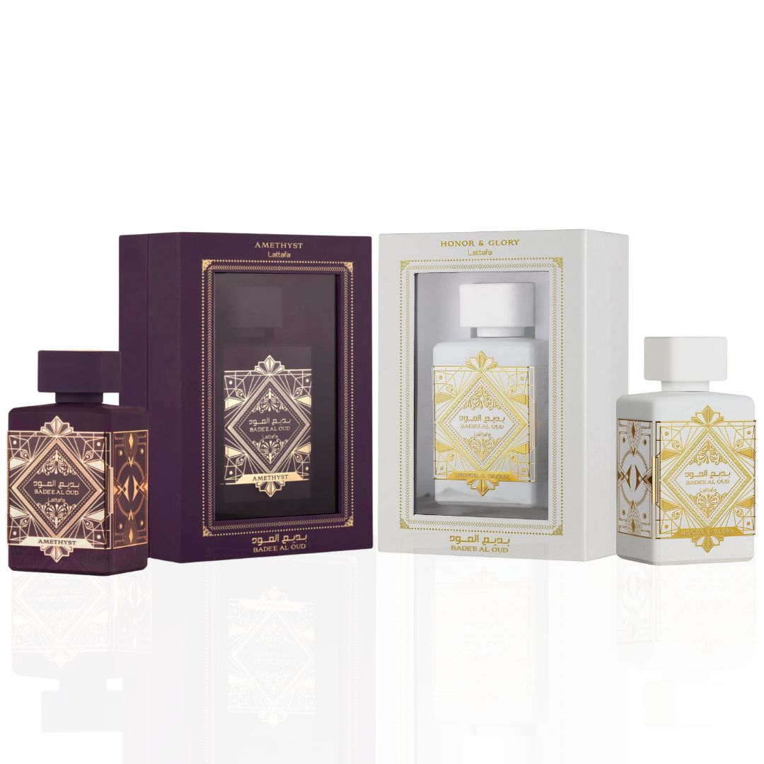 Bade’e Al Oud Amethyst AND Bad'ee Al Oud Honor & Glory EDP Sprays 100ML (3.4 OZ) By Lattafa | A Duo That Highlights Your Unique Charm. (BUNDLE) - Intense Oud