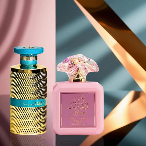 Pink Blush & Forever Gold Eau de Parfum Sprays 100ml (3.4 oz) by Ard Al Zaafaran | From Fruity Florals to Creamy Nutty Notes, This Bundle Wraps Charm in Every Spray. (Bundle) - Intense Oud