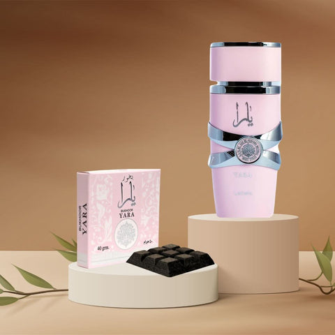 Bundle of Lattafa Yara Eau de Parfum spray and Ard Al Zaafaran Yara Bukhoor, 100ml perfume bottle and 40gms bukhoor in packaging