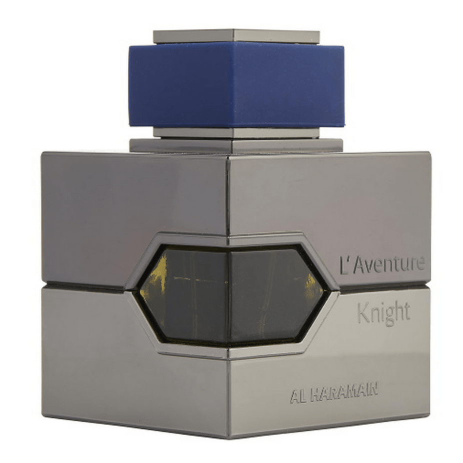 Al Haramain L'Aventure Knight Eau de Parfum spray bottle, 100ml, with elegant packaging and dark-colored cap.