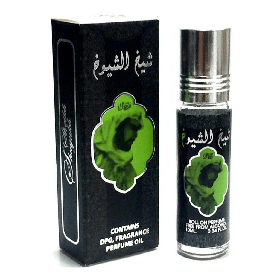 Set of three Ard Al Zaafaran Sheikh Al Shuyukh concentrated perfume oil bottles, 10ml each, with elegant packaging and branding.