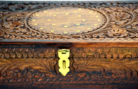 Hand Carved Traditional Wooden Jewelry Box, Brass Engraved. Finished with Velvet - Intense oud