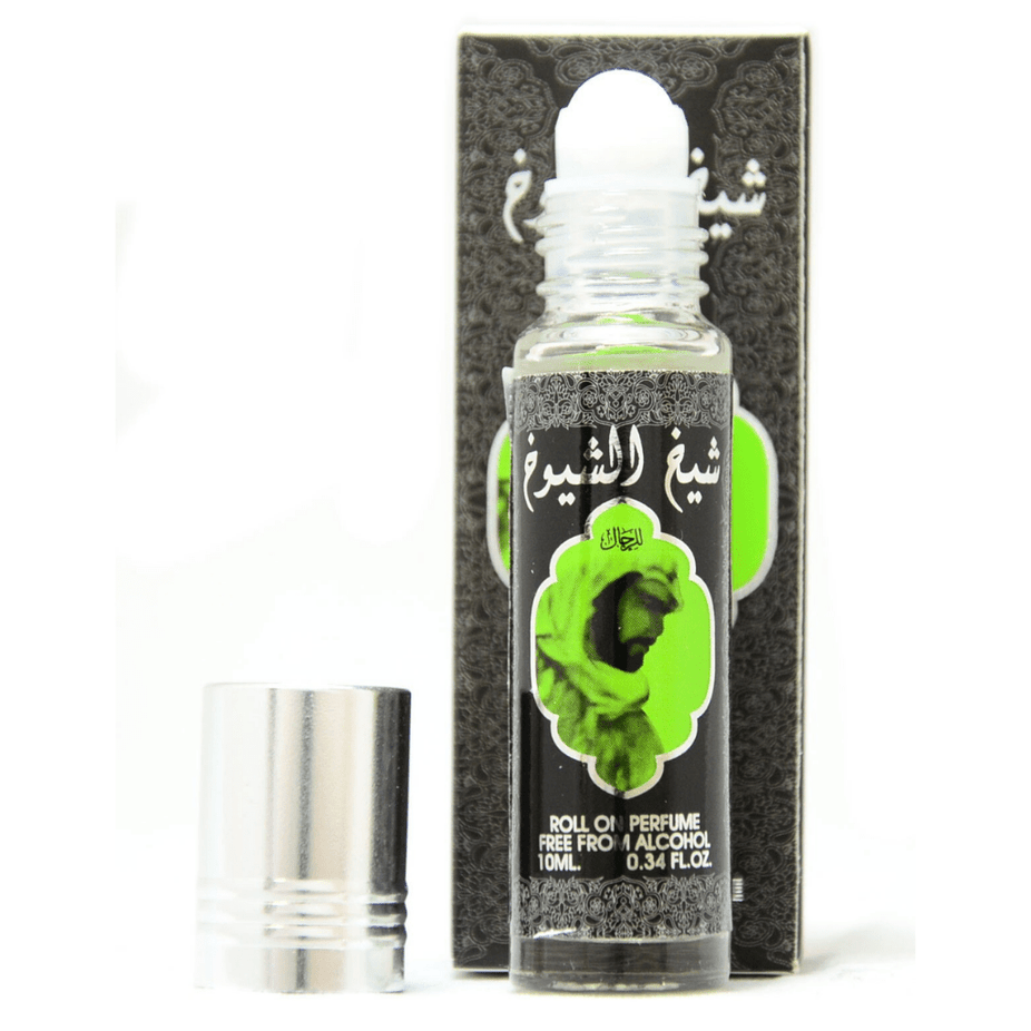 Three bottles of Ard Al Zaafaran Sheikh Al Shuyukh Perfume Oil, 10ml CPO concentrated perfume oil in clear glass bottles.