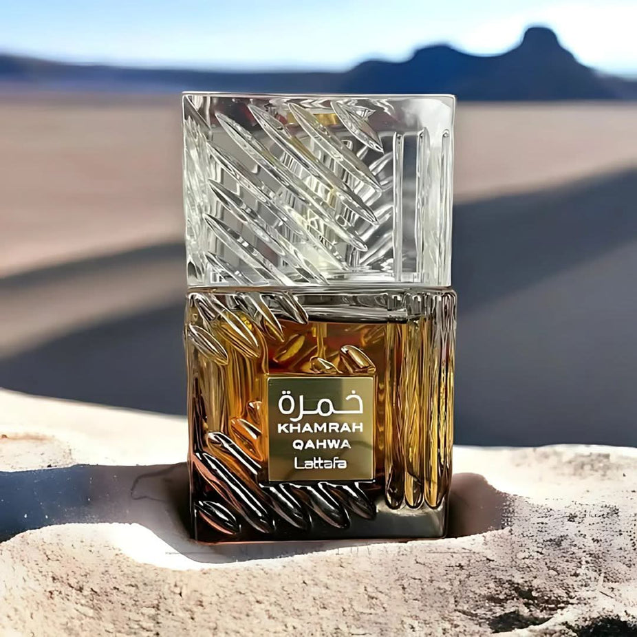 Lattafa Khamrah Qahwa & Dukhan Eau de Parfum sprays bundle, 100ml each, featuring elegant bottles with intricate designs.