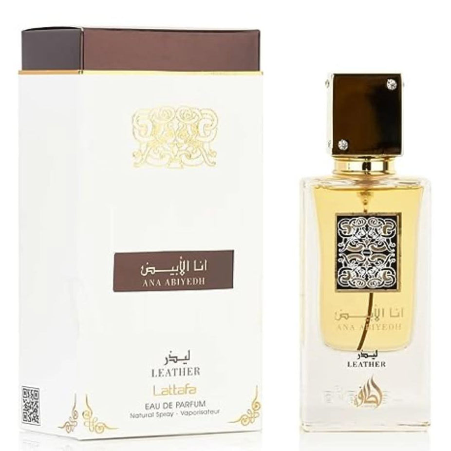 Lattafa Ana Abiyedh leather Eau De Parfum bottle, 60ML, with elegant design and gold accents, displayed on a neutral background.