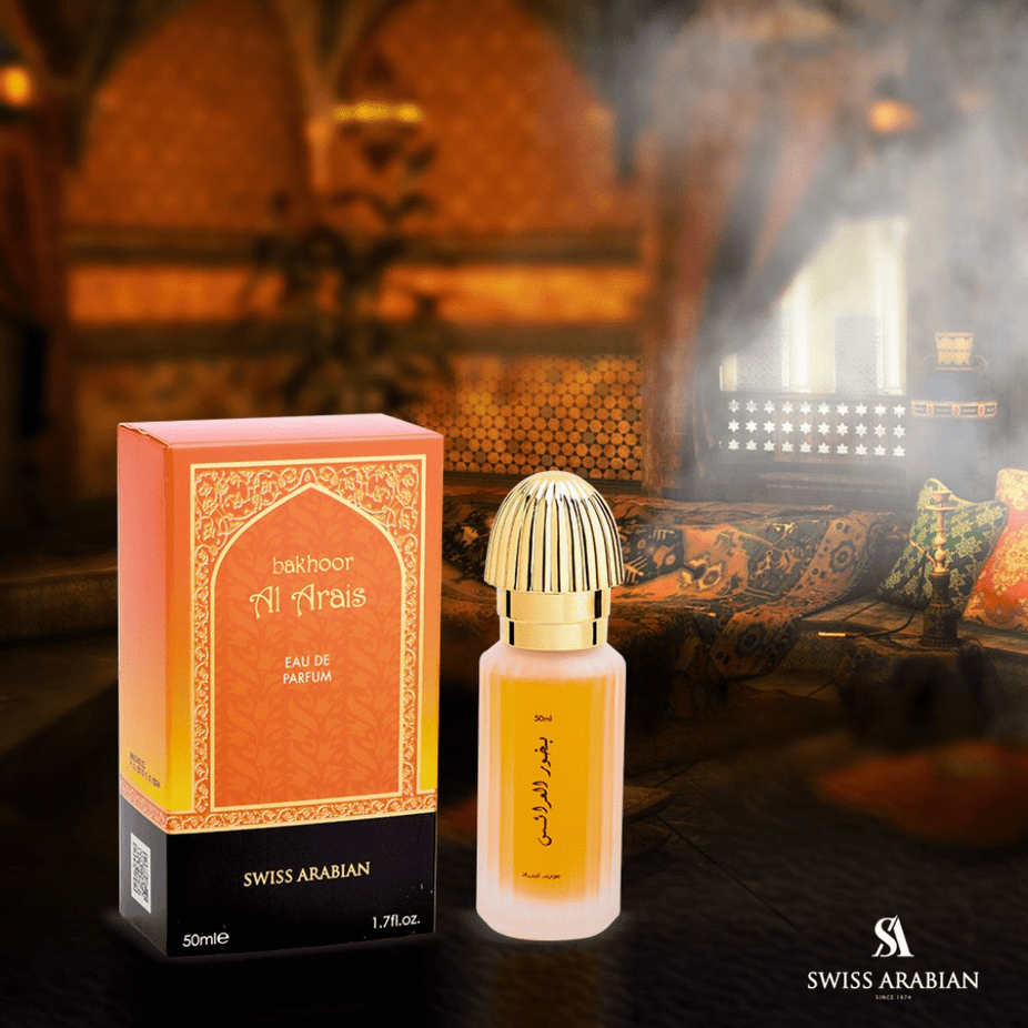 Swiss Arabian Bakhoor Al Arais EDP 50ml bottle with elegant floral and woody scent design, showcasing the Eau De Parfum.