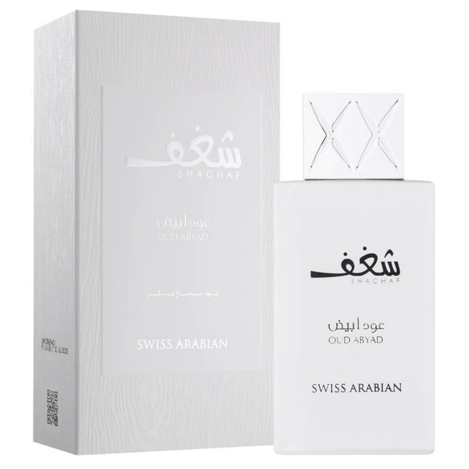 Swiss Arabian Shaghaf Oud Abyad EDP bottle, 75ml, elegant glass perfume with gold accents and the product label visible.