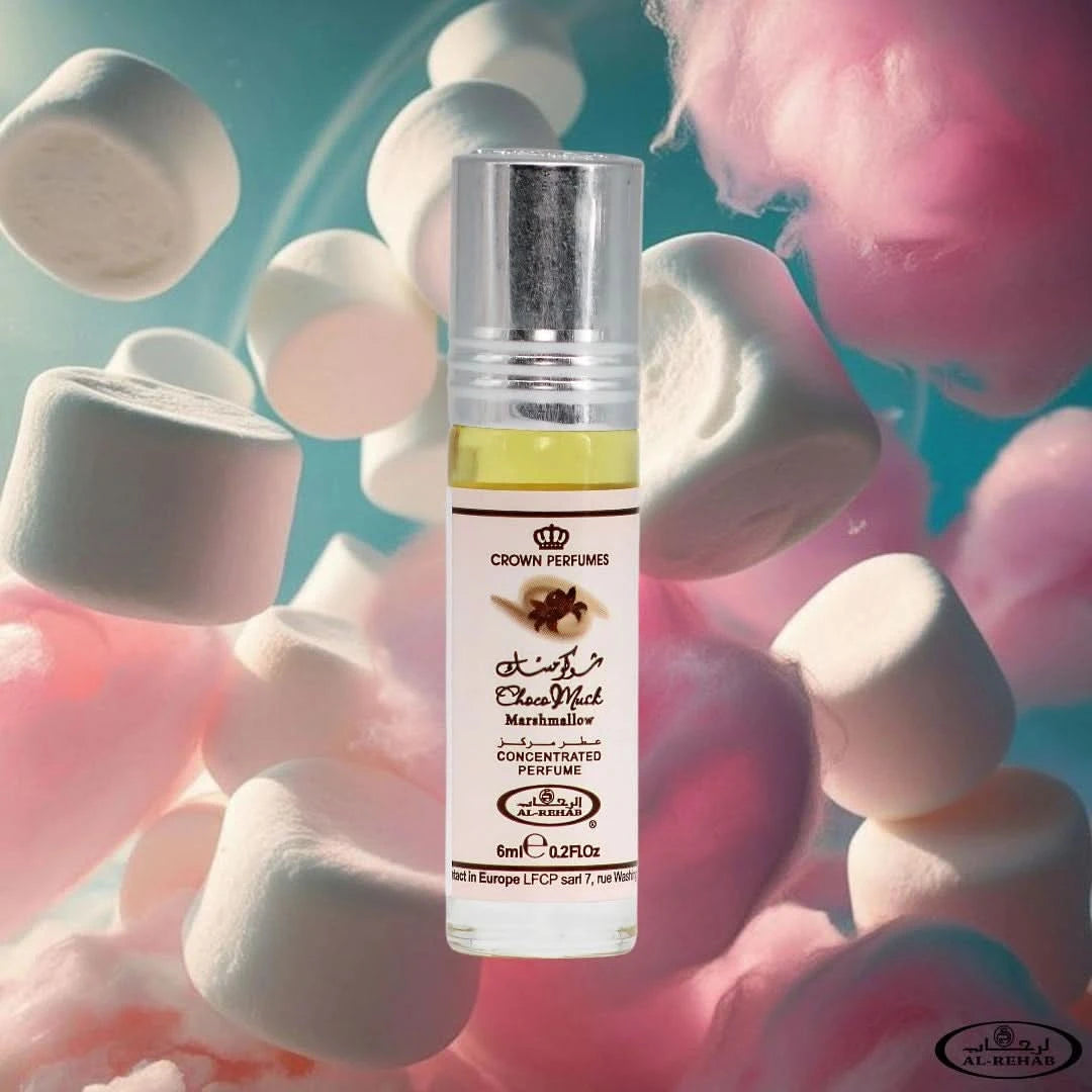 Bundle of three Choco Musk Marshmallow perfume oil bottles by Al Rehab in 6ml (0.2 oz) with colorful packaging.