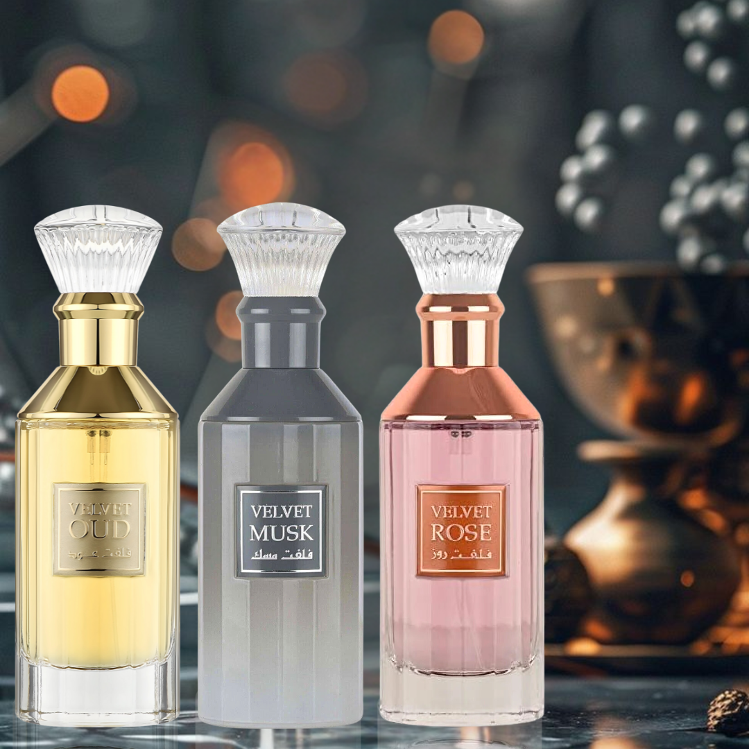 Velvet Oud, Velvet Rose & Velvet Musk Eau De Parfum Sprays 100ML (3.4 OZ) By Lattafa | A Luxurious Trio Of Rich Oud, Bold Florals & Soft Musk. (Bundle) - Intense Oud