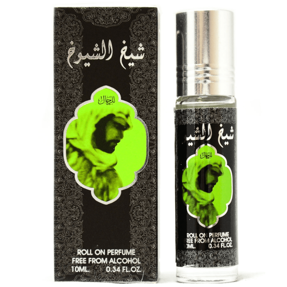Three 10ml bottles of Ard Al Zaafaran Sheikh Al Shuyukh concentrated perfume oil in clear glass bottles with gold caps.