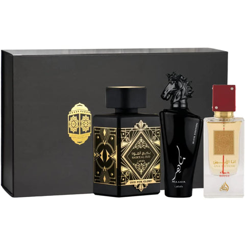 Badee Al Oud For Glory,Maahir Black & Ana Abiyedh Rouge EDP100ml in Magnetic Box - Intense Oud