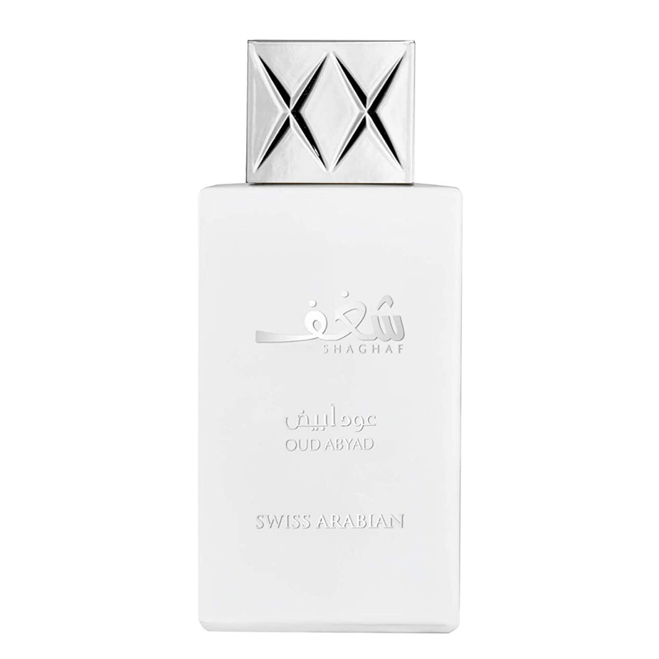Swiss Arabian Shaghaf Oud Abyad EDP 75ml bottle with elegant packaging, showcasing the luxurious fragrance container.