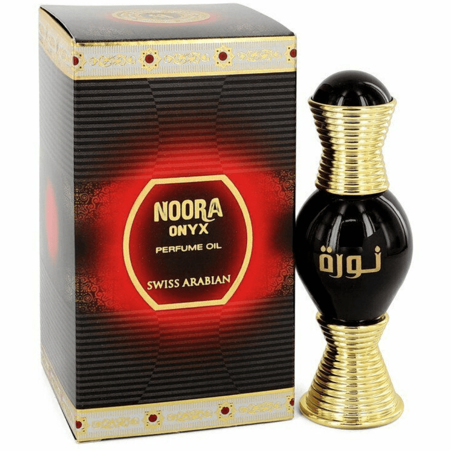 Noora Onyx for Women perfume oil by Swiss Arabian, 20ml CPO bottle with elegant packaging and dark-colored oil inside.