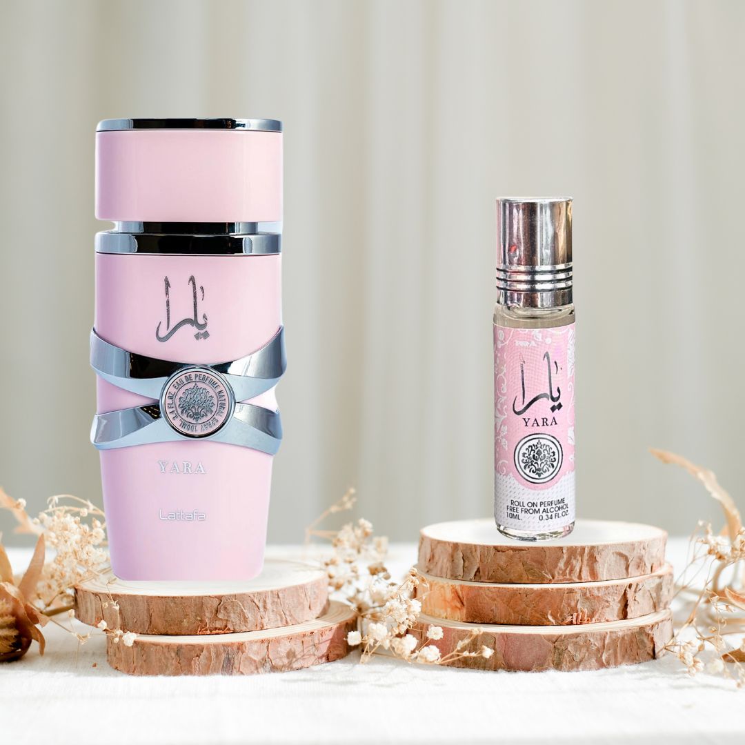 Yara For Women EDP Spray 100ML (3.4 OZ) by Lattafa & YARA Roll-On Perfume Oil CPO 10ML (0.34 OZ) By Ard Al Zaafaran. (ELEGANT BUNDLE) - Intense Oud