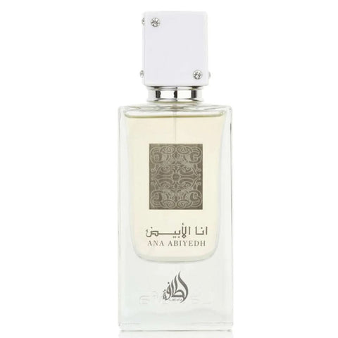 Lattafa Ana Abiyedh Eau de Parfum 60ML with velvet pouch, featuring elegant perfume bottle and luxurious packaging.