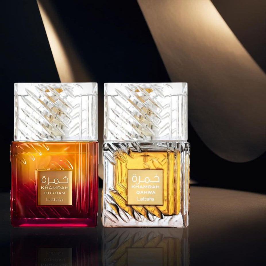 Lattafa Khamrah Qahwa and Dukhan Eau de Parfum sprays bundle, 100ml each, featuring elegant bottles with intricate designs.