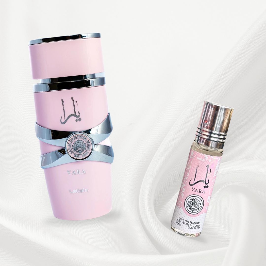 Yara For Women EDP Spray 100ML (3.4 OZ) by Lattafa & YARA Roll-On Perfume Oil CPO 10ML (0.34 OZ) By Ard Al Zaafaran. (ELEGANT BUNDLE) - Intense Oud