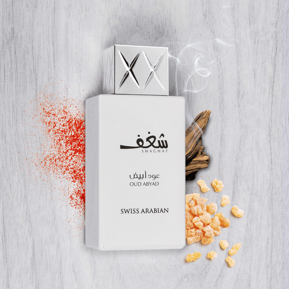 Swiss Arabian Shaghaf Oud Abyad EDP bottle with 75ml size, elegant perfume packaging and branding visible in the image.