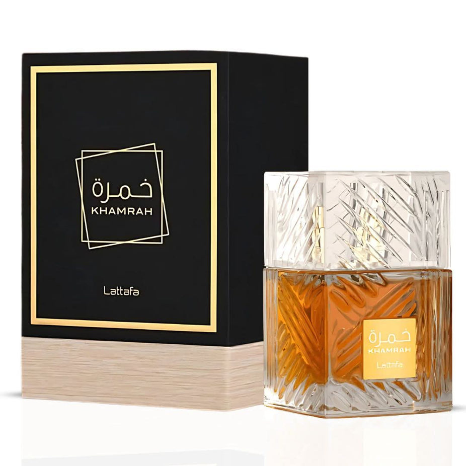 Lattafa Khamrah & Dukhan Eau de Parfum Spray bundle, 100ml each, featuring elegant bottles and luxurious fragrance design.
