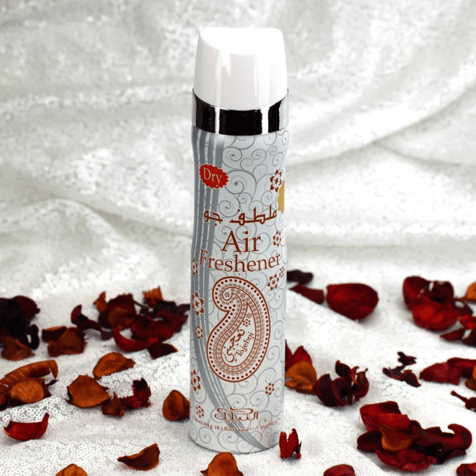 Tajebni Air Freshener by Nabeel Perfumes in a 300ml bottle, showcasing its sleek design and label for home fragrance use.