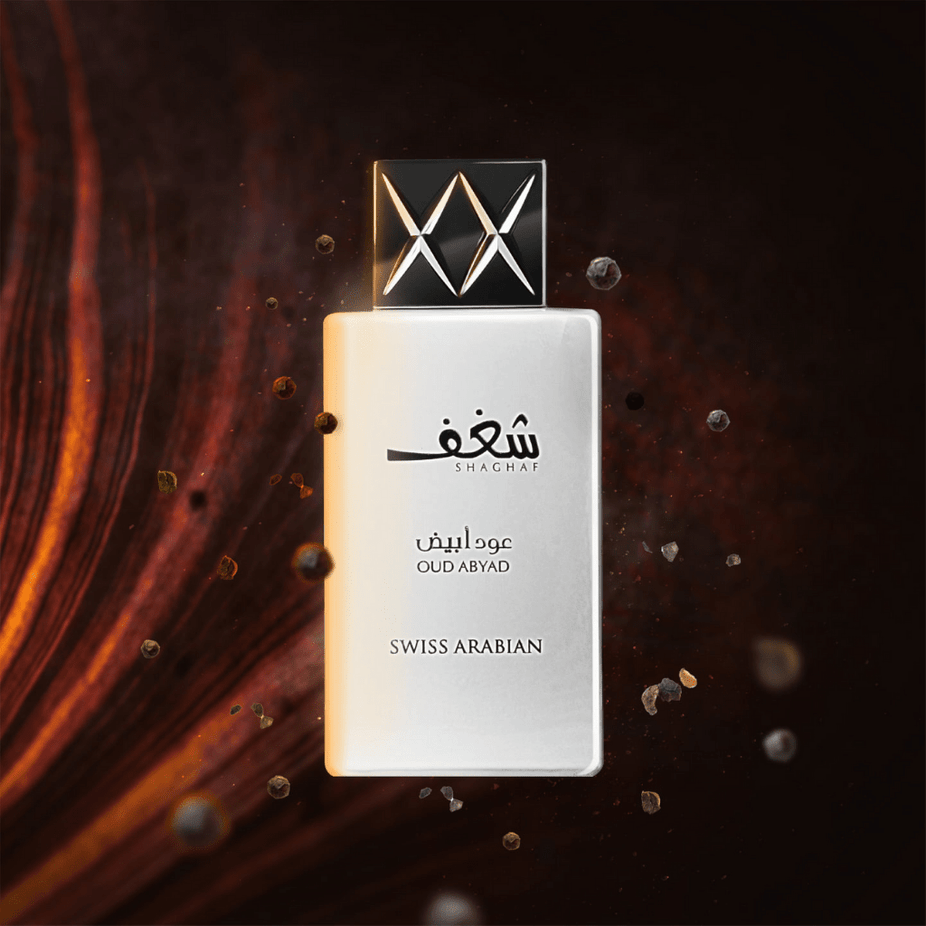 Swiss Arabian Shaghaf Oud Abyad EDP 75ml bottle with elegant packaging and a luxurious fragrance design.