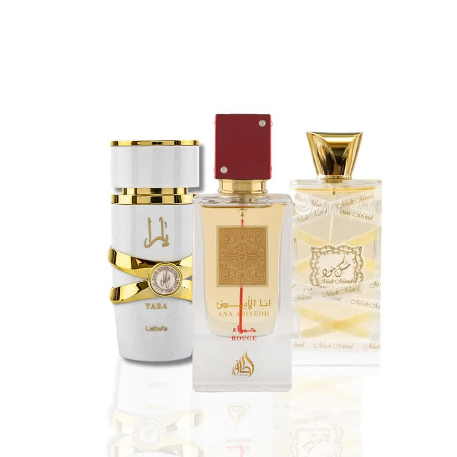 Yara Moi Musk Mood EDP and Ana Abiyedh Rouge EDP by Lattafa Perfumes, 100ml and 60ml bottles, displayed side by side.