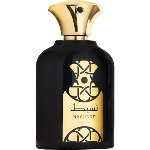 Lattafa Nasheet Eau de Parfum spray 100ml bottle with velvet pouch, elegant fragrance for men and women.