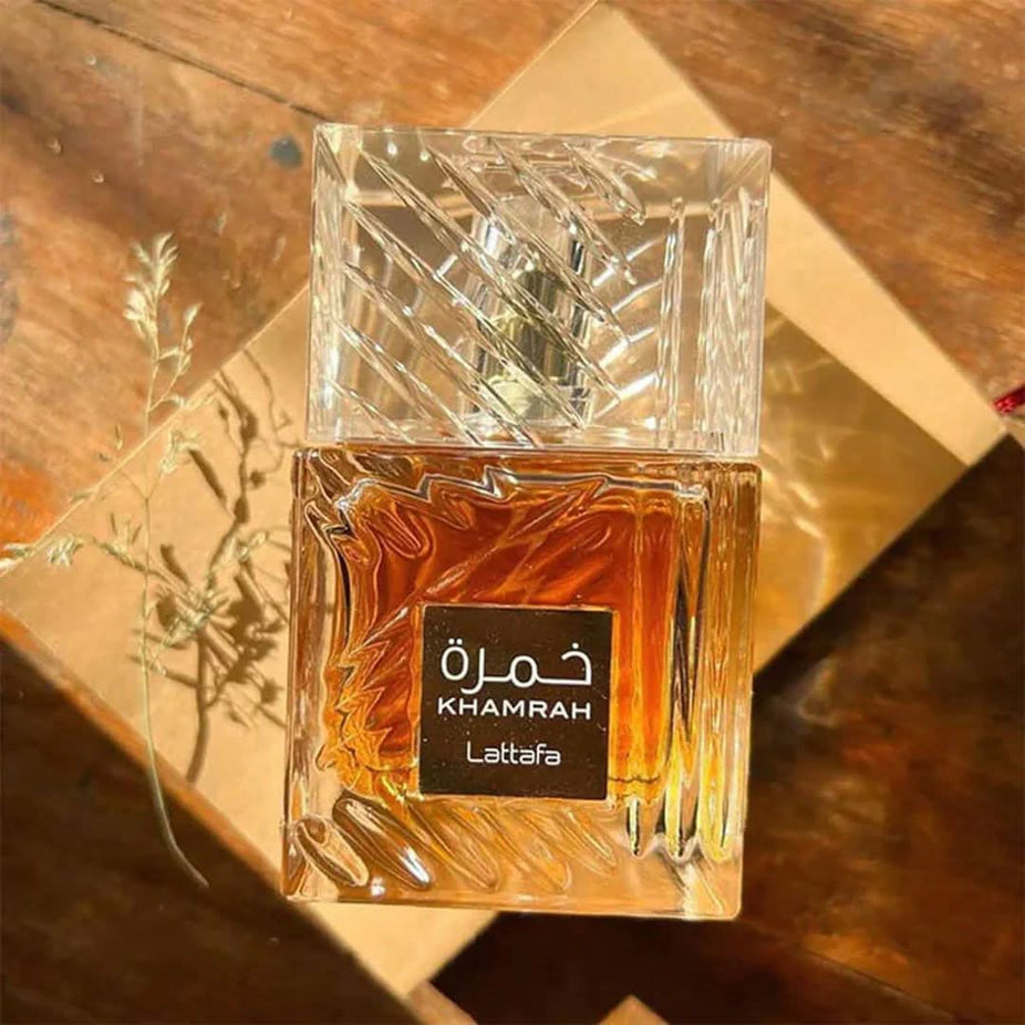 Bundle of two Lattafa Khamrah & Dukhan Eau de Parfum sprays, 100ml each, featuring sleek bottles with elegant designs.