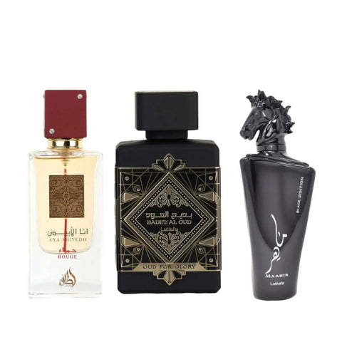 Lattafa Bade'e Al Oud for Glory, Maahir Black & Ana Abiyedh Rouge EDP bottles, 100ml, featuring elegant perfume packaging.