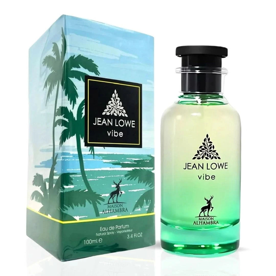 Maison Alhambra Jean Lowe Vibe Eau De Parfum spray 100ml bottle, sleek design, showcasing the luxurious fragrance packaging.