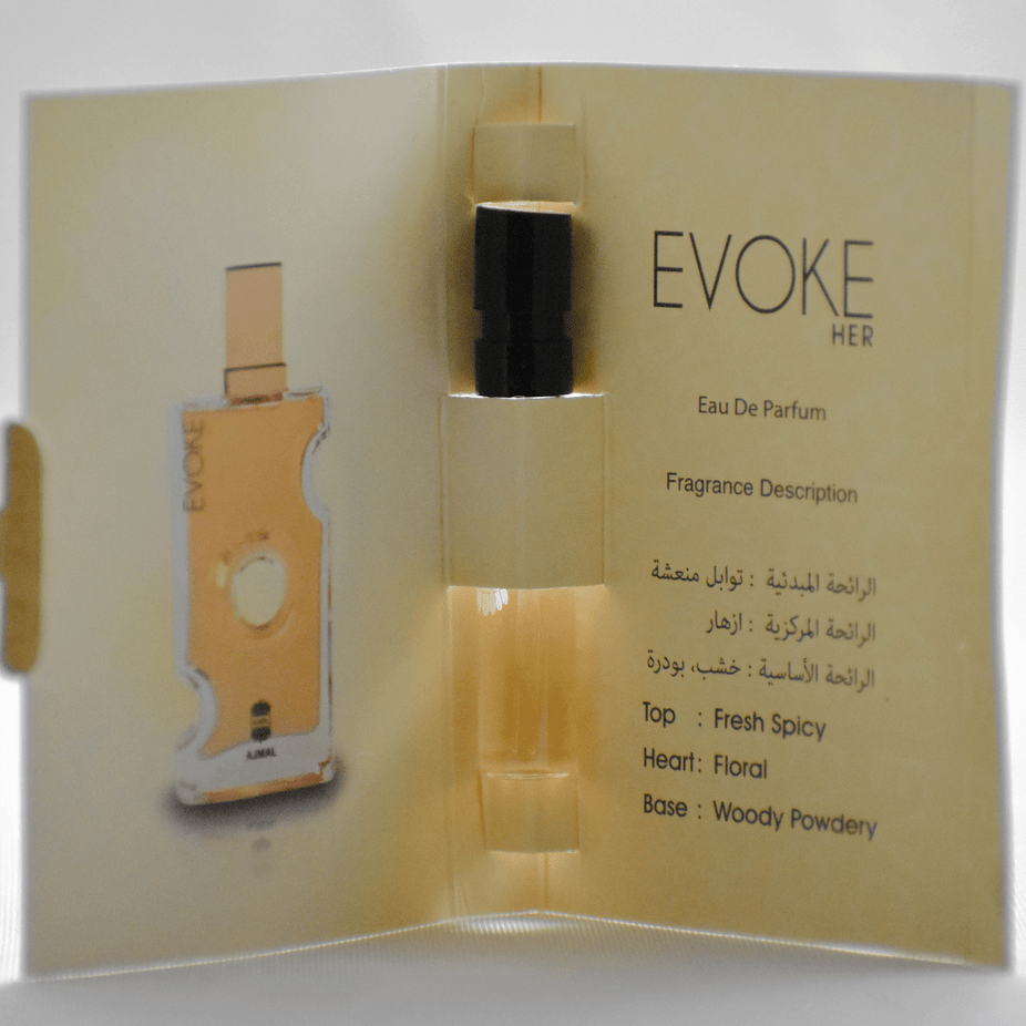 Sample vial of Ajmal Evoke EDP for women, 1ML, showing the small clear glass bottle with a silver cap.