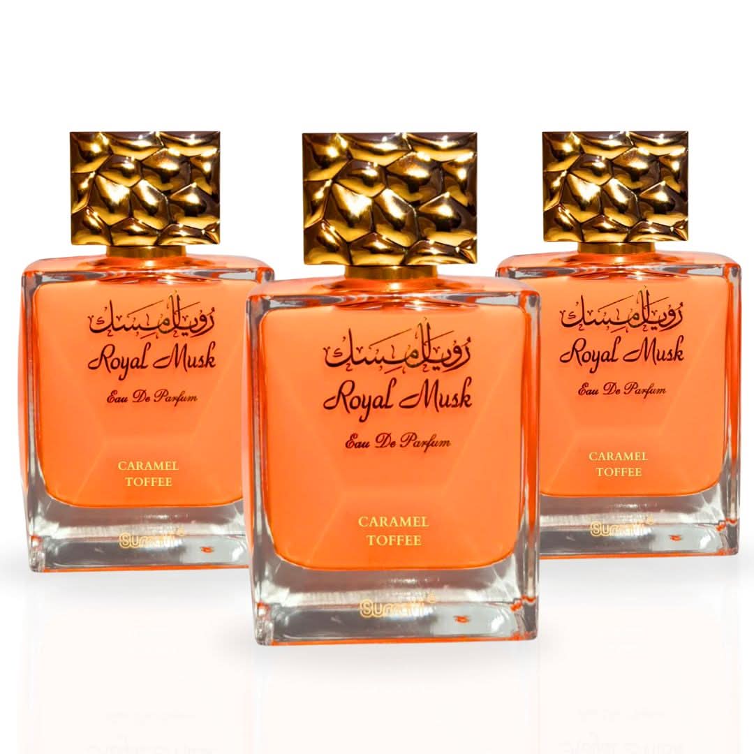 Three bottles of Surrati Royal Musk Caramel Toffee Eau de Parfum Spray in a 100ml value pack, featuring elegant perfume bottles.