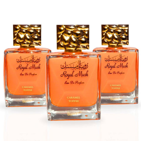 Three bottles of Surrati Royal Musk Caramel Toffee Eau de Parfum Spray in a 100ml value pack, featuring elegant perfume bottles.